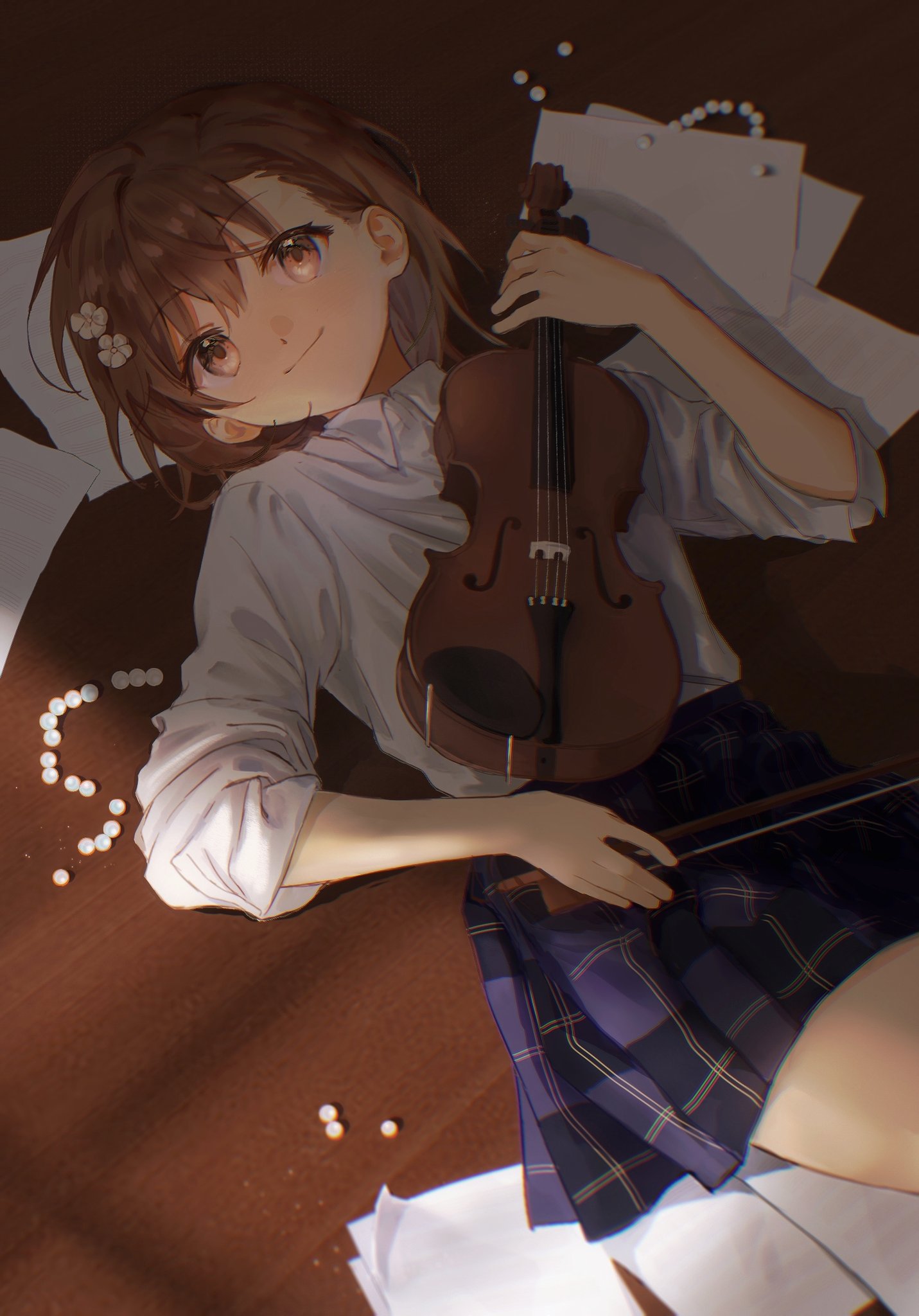 1girl asymmetrical_bangs black_skirt bow_(music) brown_eyes brown_hair closed_mouth collared_shirt fufu_060211 hair_behind_ear hair_ornament hairpin highres holding holding_instrument indoors instrument long_sleeves looking_at_viewer lying misaka_mikoto on_back on_floor plaid plaid_skirt school_uniform sheet_music shirt short_hair skirt sleeves_rolled_up smile solo toaru_kagaku_no_railgun toaru_majutsu_no_index tokiwadai_school_uniform violin white_shirt winter_uniform