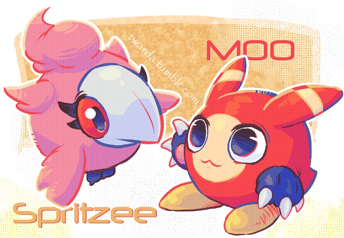 :3 beak character_name claws commentary creature crossover english_commentary eyelashes gimp_(medium) kaze_no_klonoa moo_(klonoa) no_humans painttool_sai_(medium) pink_fur pokemon pokemon_(creature) red_eyes spritzee tumblr_username twarda8