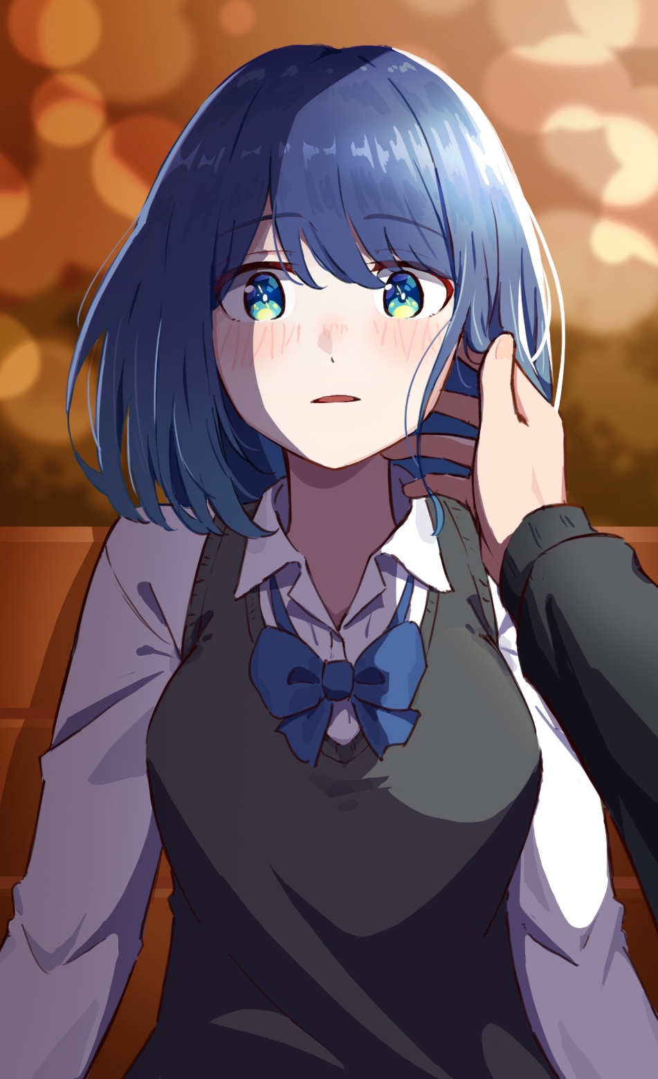 1girl aqua_eyes black_sweater_vest blue_bow blue_bowtie blue_eyes blue_hair blurry blush bokeh bow bowtie collared_shirt depth_of_field flustered green_eyes hand_in_another's_hair hand_on_another's_cheek hand_on_another's_face highres hyoe_(hachiechi) kurokawa_akane long_sleeves looking_at_viewer loose_bowtie medium_hair multicolored_eyes nose_blush on_bench oshi_no_ko outdoors parted_lips pov pov_hands shirt sitting solo_focus sweater_vest swept_bangs upper_body white_shirt