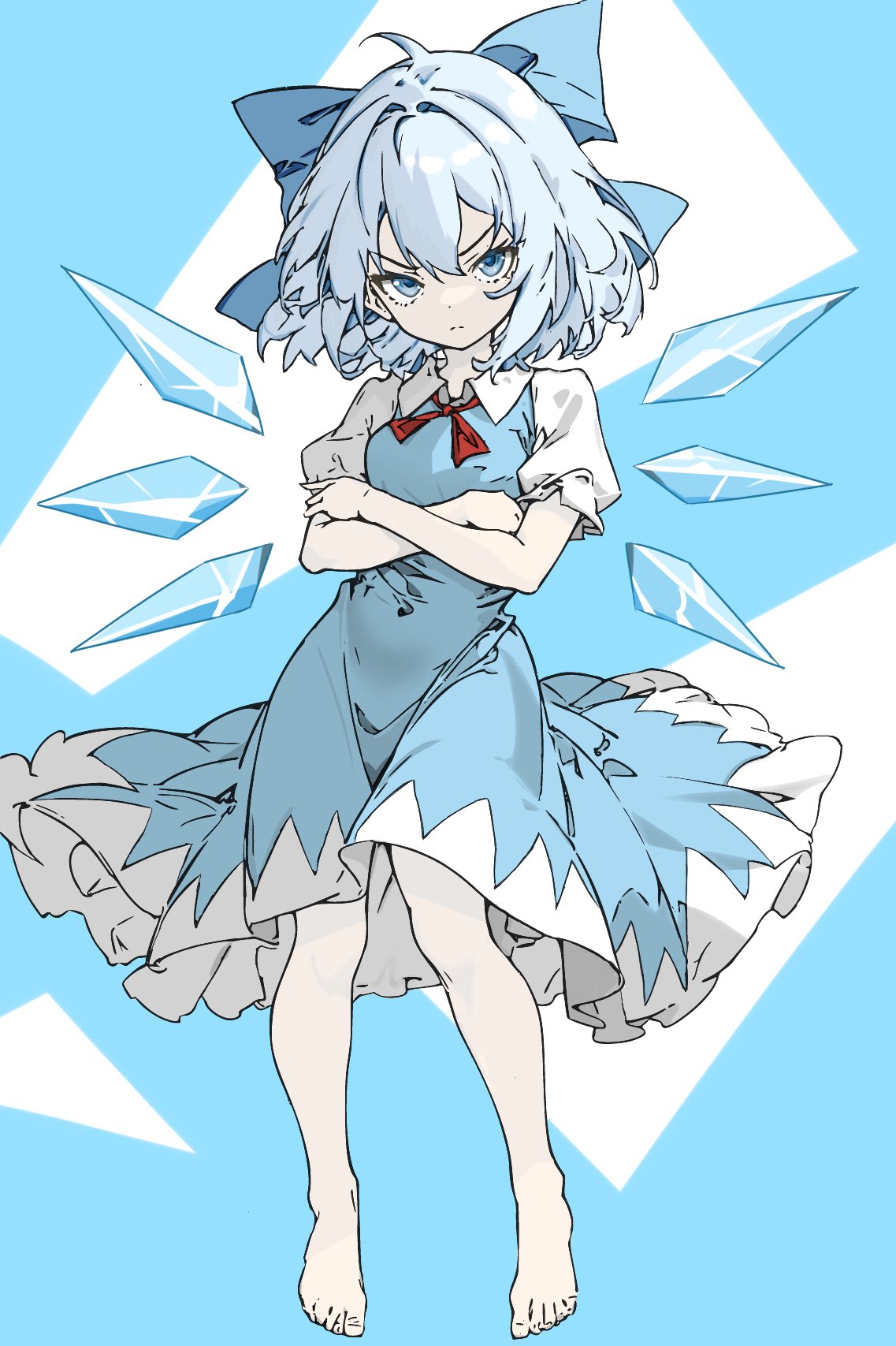 1girl barefoot blue_bow blue_dress blue_eyes blue_hair bow cirno closed_mouth detached_wings dress fairy full_body hair_between_eyes hair_bow highres ice ice_wings looking_at_viewer pi_t_w_o puffy_short_sleeves puffy_sleeves shirt short_hair short_sleeves solo touhou white_shirt wings