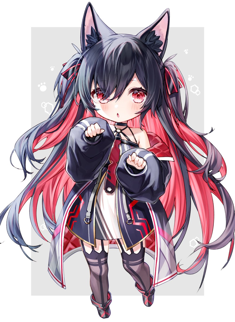 1girl :o animal_ear_fluff animal_ears black_choker black_coat black_dress black_footwear black_hair black_jacket black_ribbon black_thighhighs blush boots border cat_ears chibi choker coat colored_inner_hair commentary_request criss-cross_halter dress eyes_visible_through_hair floating_hair front_slit full_body garter_straps grey_background hair_between_eyes hair_ribbon halter_dress halterneck hands_up hexagon highres jacket lace-trimmed_legwear lace_trim long_hair long_sleeves looking_at_viewer mitsurugi_lia multicolored_hair necktie neon_trim o-ring off_shoulder paw_pose paw_print puffy_long_sleeves puffy_sleeves red_coat red_eyes red_jacket red_necktie redhead ribbon sleeveless sleeveless_dress solo standing thigh-highs two-sided_fabric two-tone_hair two_side_up very_long_hair virtual_youtuber wactor_production white_border yuya_(night_lily)