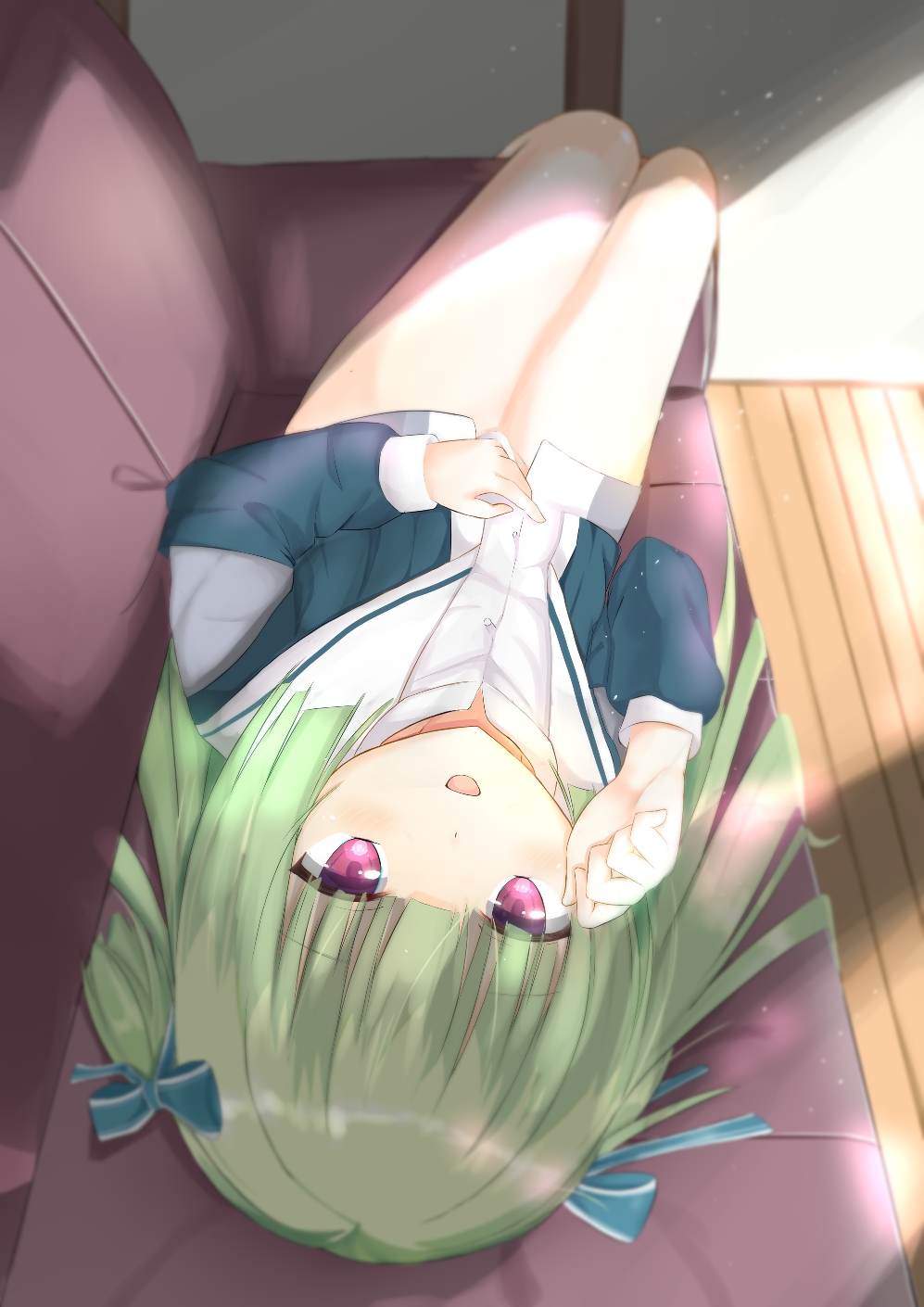 1girl :d aqua_jacket blue_ribbon blunt_bangs blunt_ends blush commentary convenient_arm couch dress_shirt eyes_visible_through_hair foreshortening green_hair hair_ribbon hair_spread_out hand_up highres indoors jacket long_hair long_sleeves looking_at_viewer lying murasame_(senren) no_pants on_back on_couch open_mouth red_eyes ribbon school_uniform senren_banka shirt sidelighting sidelocks smile solo straight_hair thighs two_side_up uniform very_long_hair white_shirt yondomizu