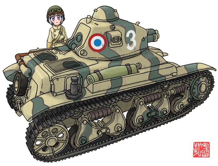 1girl bedroll belt buttons camouflage caterpillar_tracks cupola double-breasted emblem france french_army goggles goggles_on_head goggles_on_headwear grey_hair hat helmet looking_at_viewer m.wolverine military military_hat military_uniform military_vehicle motor_vehicle original peacoat r35 renault roundel sam_browne_belt signature simple_background soldier solo tank tank_cupola tank_helmet trench_coat uniform vehicle_focus violet_eyes white_background world_war_ii