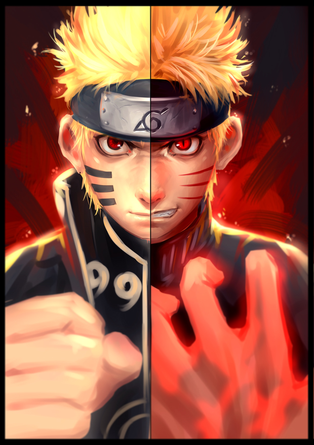 1boy black_headband blonde_hair closed_mouth commentary_request facial_tattoo greenteaa grin hand_up headband looking_at_viewer male_focus naruto naruto_(series) partial_commentary red_eyes short_hair smile solo split_screen tattoo teeth upper_body uzumaki_naruto