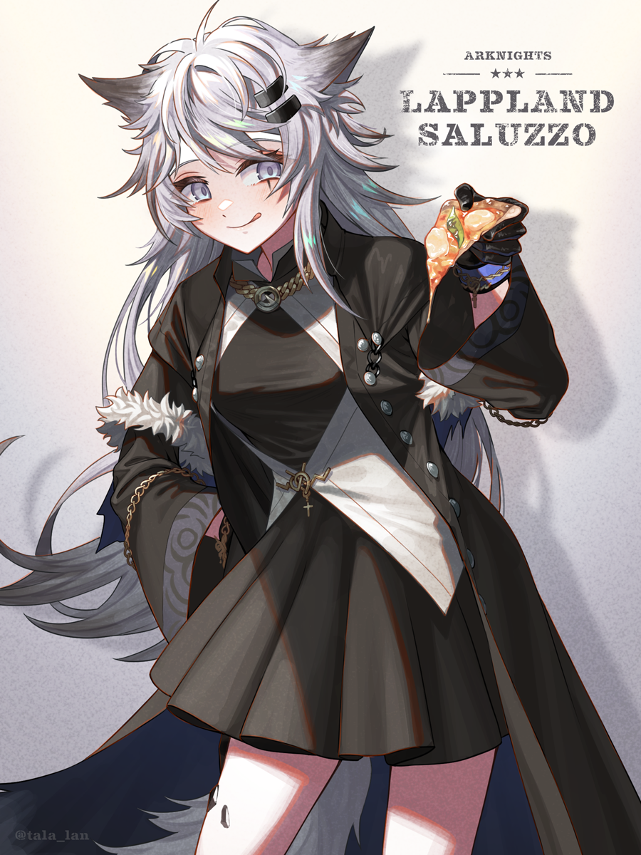 1girl :q animal_ears arknights black_coat black_dress black_gloves blue_eyes blush closed_mouth coat dress food gloves grey_hair hand_on_own_hip highres holding holding_food jewelry lappland_(arknights) lappland_(refined_horrormare)_(arknights) long_hair long_sleeves looking_at_viewer necklace official_alternate_costume open_clothes open_coat oripathy_lesion_(arknights) pizza pizza_slice scar scar_on_face smile solo tail tanagawa_makoto tongue tongue_out twitter_username very_long_hair wolf_ears wolf_girl wolf_tail