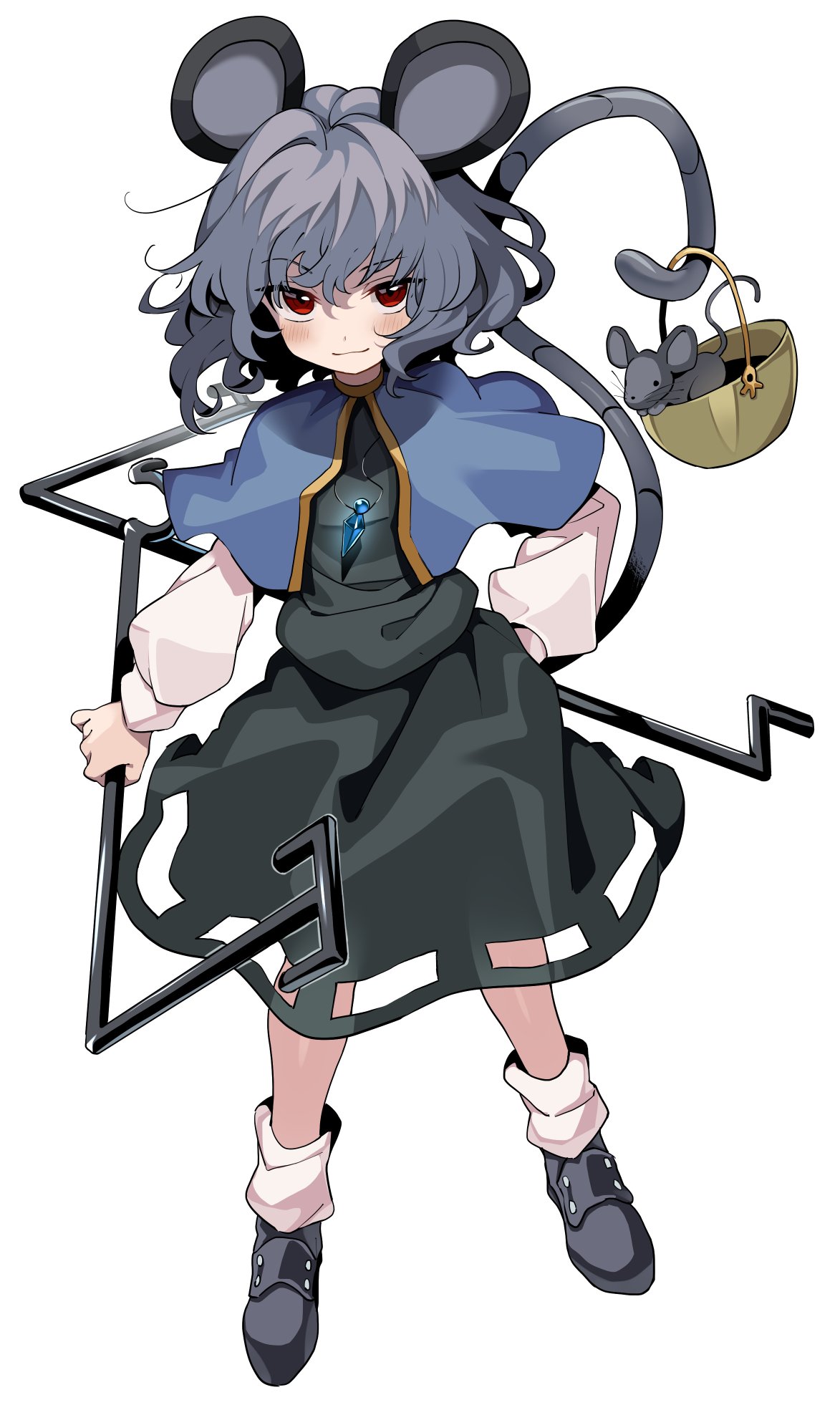 1girl animal animal_ears black_dress black_footwear blue_capelet blush capelet closed_mouth dowsing_rod dress full_body grey_hair hair_between_eyes highres jewelry long_sleeves looking_at_viewer manarou mouse mouse_ears mouse_tail nazrin pendant red_eyes shoes short_hair simple_background smile solo tail touhou white_background
