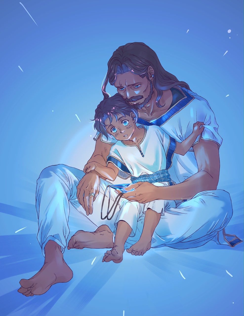 2boys age_difference aged_down barefoot beard blue_background blue_eyes blue_gemstone blue_sash blue_shirt blush brown_hair collarbone commentary dark-skinned_male dark_skin earrings facial_hair father_and_son feet full_body fushigi_no_umi_no_nadia gem gradient_background hair_intakes hand_on_another's_arm highres holding holding_jewelry holding_necklace indian_style jewelry knee_up long_hair looking_at_another looking_at_object looking_down male_child male_focus mikomoto_akira multiple_boys muscular muscular_male mustache necklace nemo_(nadia) on_ground pants parted_bangs parted_lips pendant ring sash shirt shirt_grab short_sleeves sitting sitting_on_lap sitting_on_person spoilers toes tunic two-tone_shirt white_pants white_shirt white_tunic wide-eyed