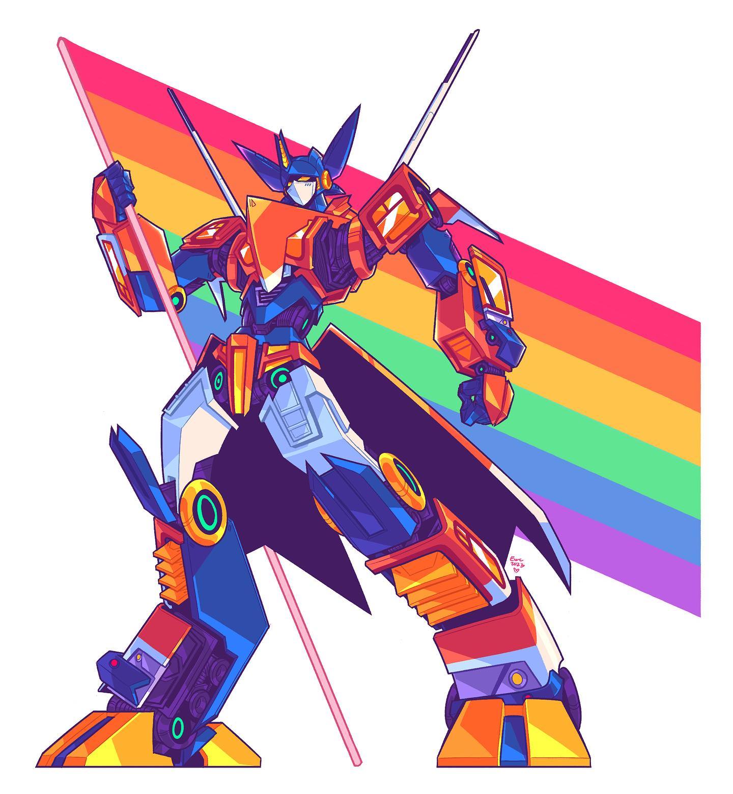 1boy enzomus_prime full_body highres mecha optimus_prime rainbow_flag robot simple_background solo transformers white_background