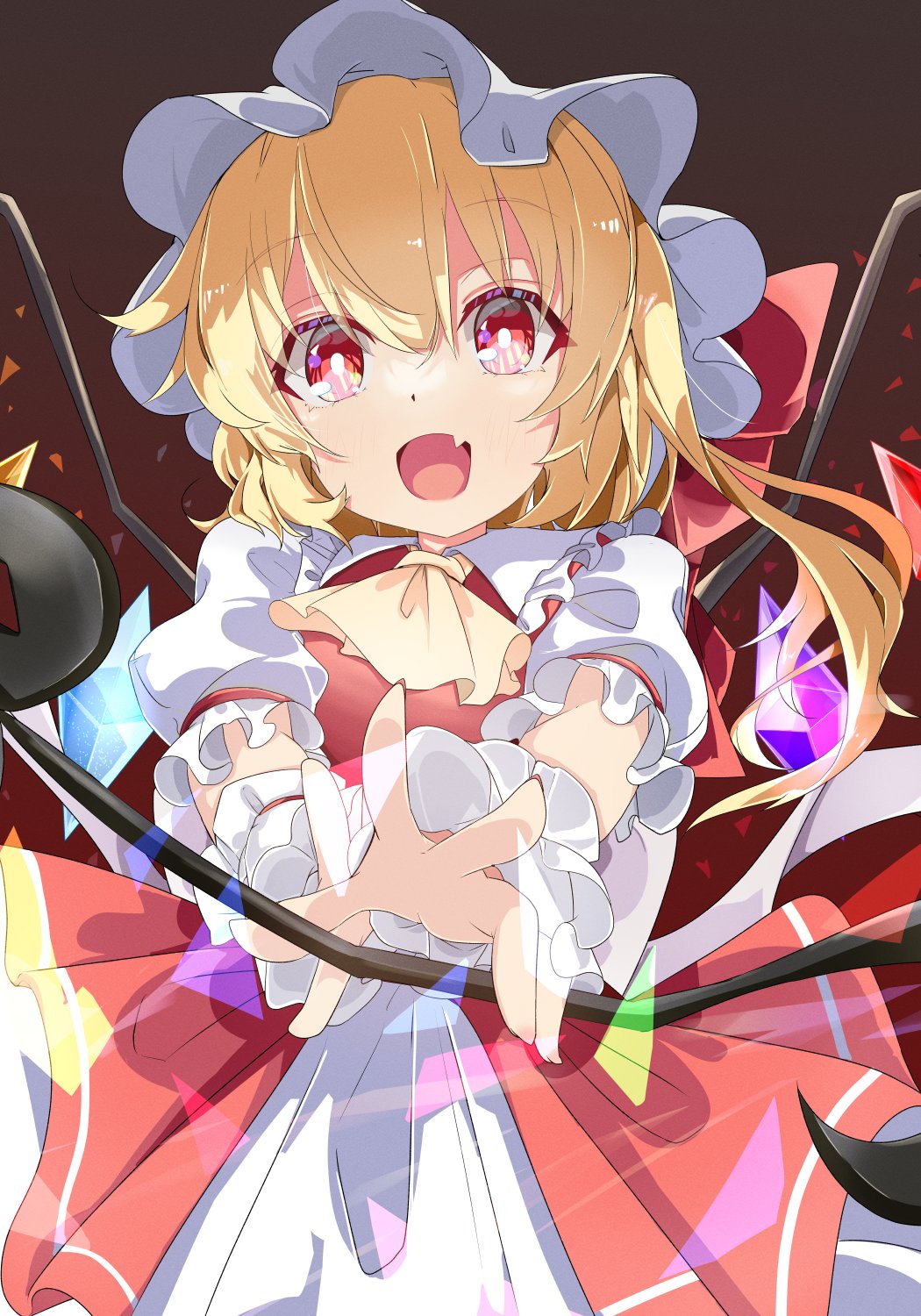 1girl ascot ashigaruk blonde_hair commentary_request crystal fang flandre_scarlet hat highres laevatein_(touhou) looking_at_viewer medium_hair mob_cap one_side_up open_mouth panties red_eyes red_skirt short_sleeves skin_fang skirt solo touhou underwear white_headwear white_panties wings wrist_cuffs yellow_ascot