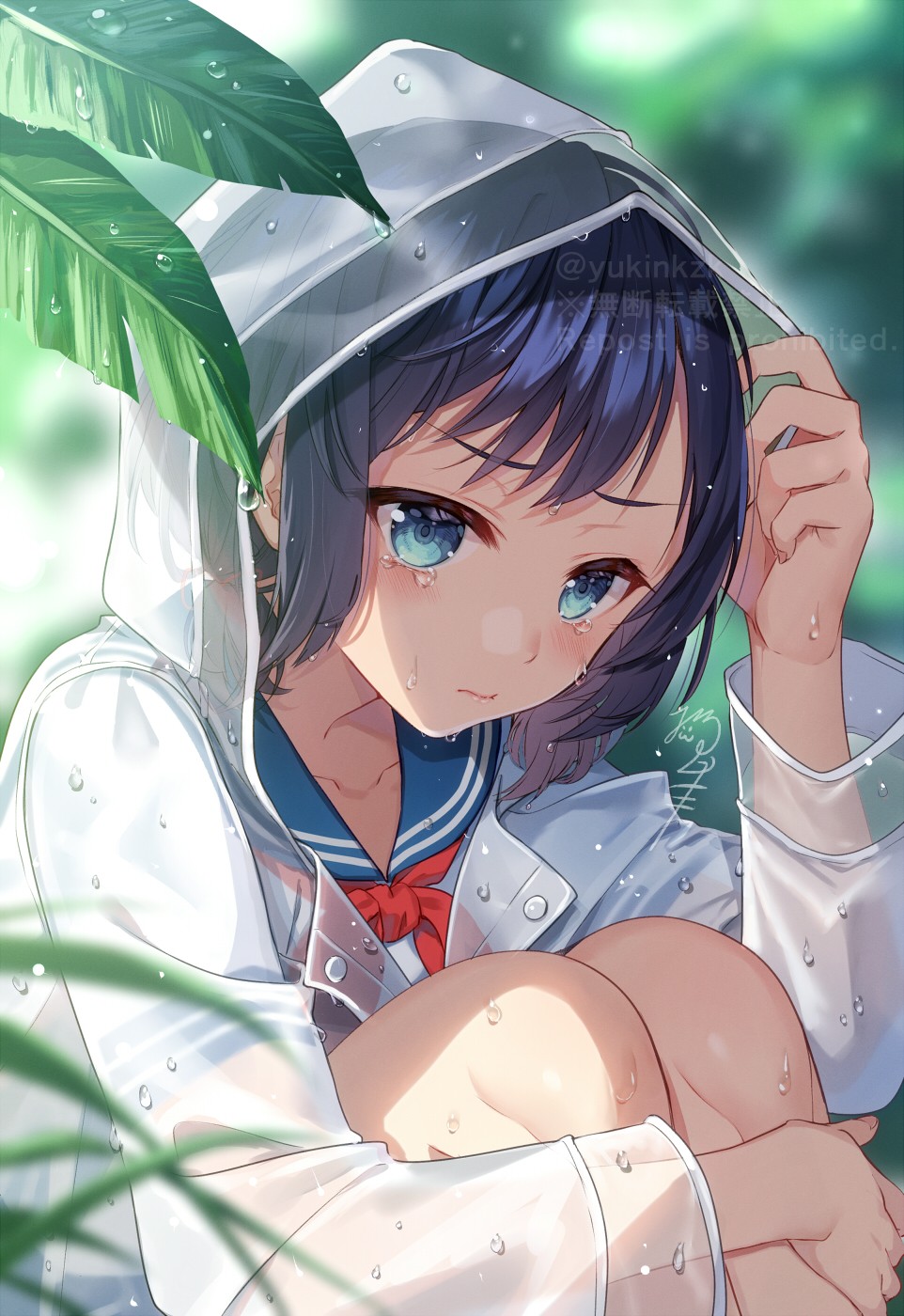 1girl artist_name black_hair blue_eyes blue_sailor_collar closed_mouth crying crying_with_eyes_open day highres hood hood_up knees_up long_sleeves looking_at_viewer neckerchief nekozuki_yuki original outdoors raincoat red_neckerchief sailor_collar shirt short_hair sitting solo tears transparent_raincoat v-shaped_eyebrows white_shirt