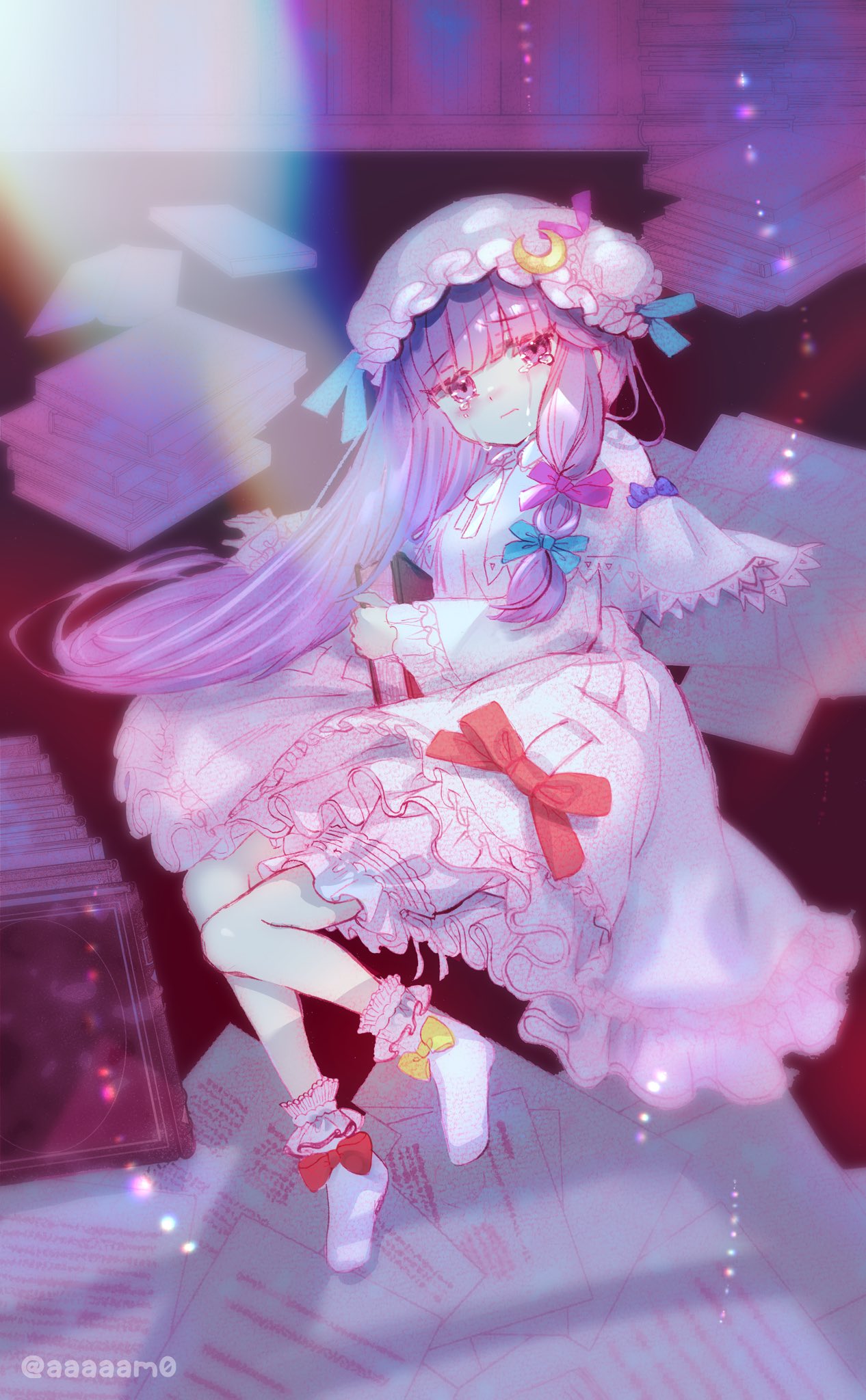 1girl amo_(shibu3) aqua_bow book bow closed_mouth crescent crescent_hat_ornament crying crying_with_eyes_open dress frilled_dress frilled_sleeves frills full_body hair_bow hat hat_ornament highres holding holding_book long_hair long_sleeves mob_cap paper patchouli_knowledge purple_hair red_bow socks solo tears touhou twitter_username violet_eyes white_dress white_headwear white_socks yellow_bow
