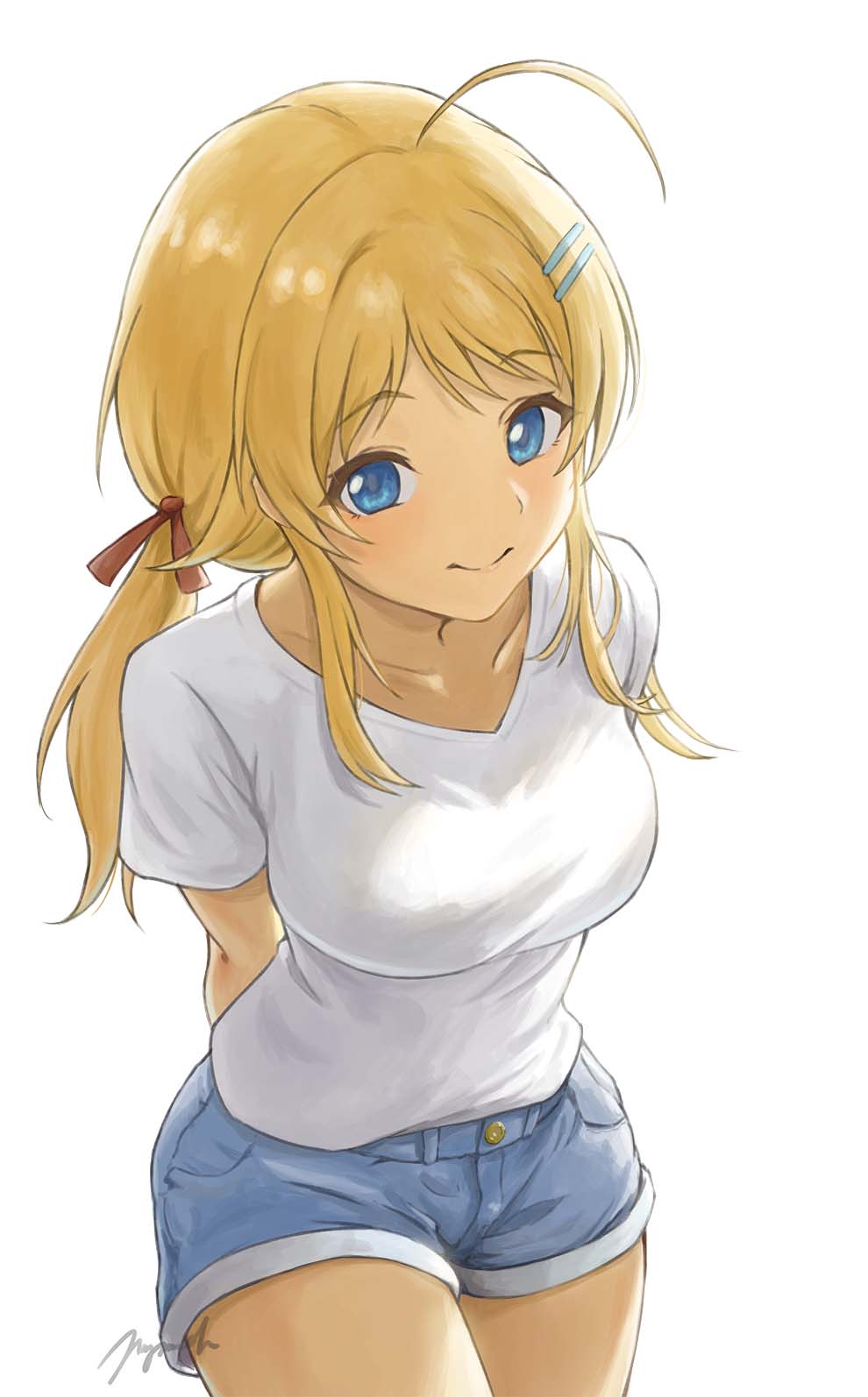 1girl ahoge arms_behind_back artist_name blonde_hair blue_eyes blush bow breasts closed_mouth collarbone cowboy_shot denim denim_shorts hachimiya_meguru hair_bow hair_ornament hair_ribbon hairclip highres idolmaster idolmaster_shiny_colors large_breasts leaning_forward long_hair looking_at_viewer low_twintails mzmch red_ribbon ribbon shirt short_sleeves shorts signature simple_background smile solo t-shirt twintails white_background white_shirt