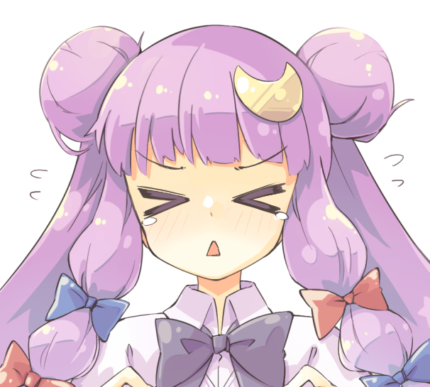 &gt;_&lt; 1girl alternate_hairstyle arnest blue_bow blush bow crescent crescent_hair_ornament double_bun facing_viewer flying_sweatdrops hair_bow hair_bun hair_ornament long_hair open_mouth patchouli_knowledge portrait purple_hair red_bow simple_background solo touhou triangle_mouth white_background