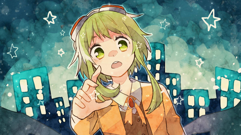 1girl amarisu blazer brooch brown_vest city dress_shirt goggles goggles_on_head green_eyes green_hair gumi jacket jewelry looking_at_viewer night open_clothes open_jacket open_mouth orange_jacket orange_ribbon painting_(medium) reaching reaching_towards_viewer red_brooch ribbon shirt short_hair silhouette skyline solo star_(symbol) surprised traditional_media vest vocaloid watercolor_(medium) white_shirt