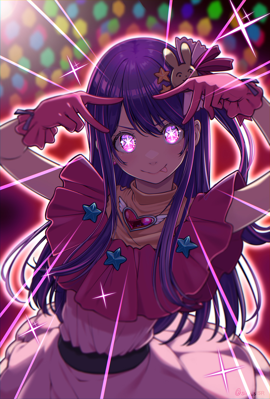 1girl :p belt black_belt blurry blurry_background blush brooch closed_mouth commentary_request cowboy_shot double_v dress frilled_dress frilled_gloves frills gloves glowing hair_between_eyes hair_ornament heart heart_brooch highres hoshino_ai's_pose hoshino_ai_(oshi_no_ko) idol jewelry long_hair looking_at_viewer masaki_shino one_side_up oshi_no_ko pink_dress pink_gloves pink_hair purple_hair rabbit_hair_ornament sidelocks sleeveless sleeveless_dress smile solo sparkle star-shaped_pupils star_(symbol) symbol-shaped_pupils tongue tongue_out v