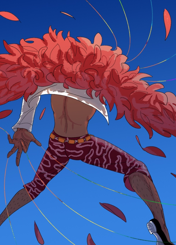 1boy ass back back_focus blue_sky dark-skinned_male dark_skin donquixote_doflamingo facing_away feathers flying from_behind fur_coat large_hands leg_hair male_focus medium_hair mg_cls muscular muscular_male one_piece open_clothes open_shirt pink_feathers purple-tinted_eyewear shoes shorts sky solo thread tinted_eyewear white-framed_eyewear