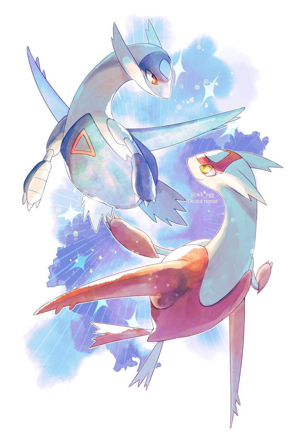claws closed_mouth commentary_request eko_(wk_egg) eye_contact highres latias latios looking_at_another no_humans pokemon pokemon_(creature) rotational_symmetry smile twitter_username watermark yellow_eyes