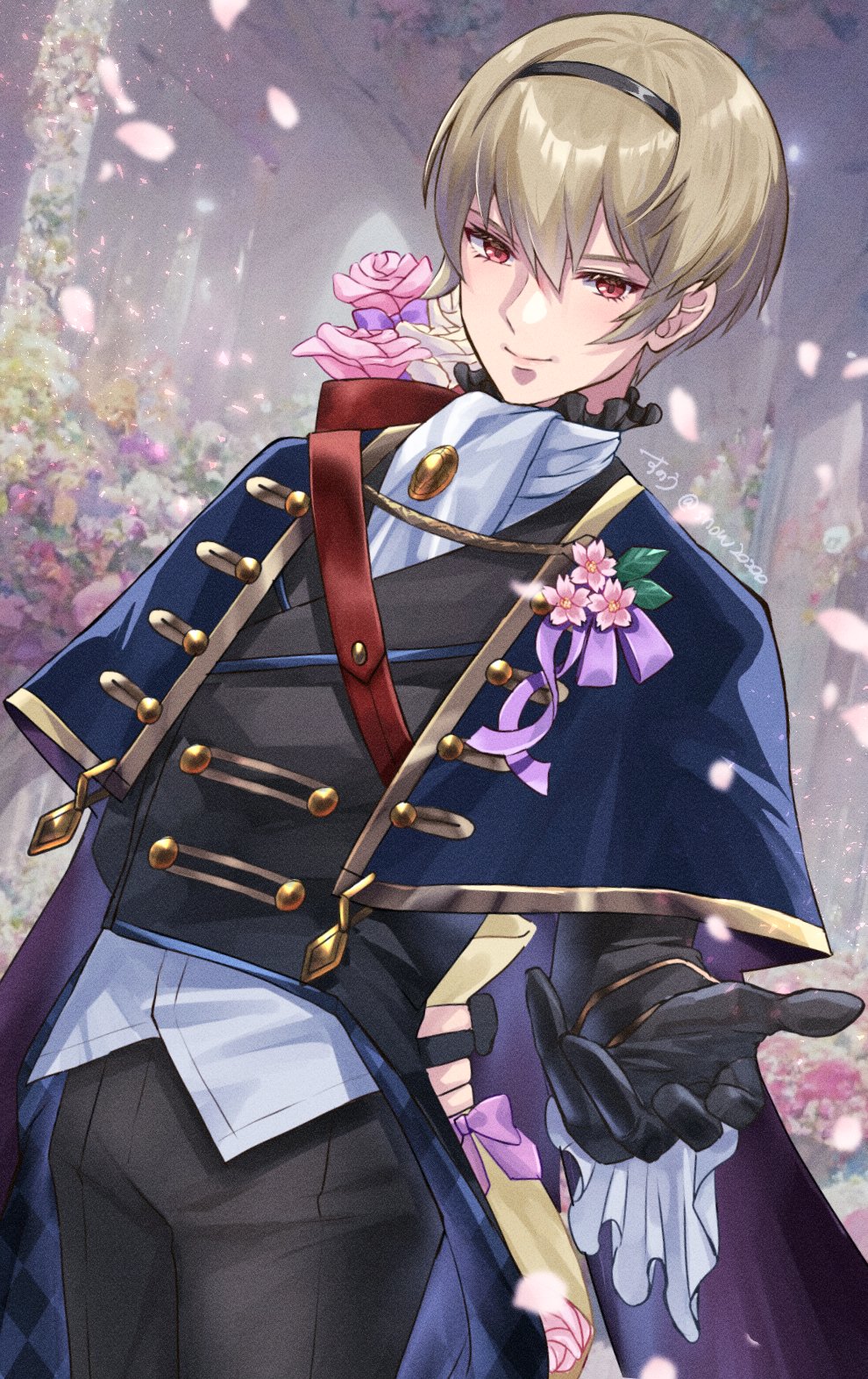1boy black_gloves black_hairband black_pants blonde_hair cape closed_mouth fire_emblem fire_emblem_fates fire_emblem_heroes flower gloves hair_between_eyes hairband highres holding holding_flower leo_(fire_emblem) leo_(valentine)_(fire_emblem) looking_at_viewer male_focus official_alternate_costume pants petals short_hair smile snow20200 solo twitter_username