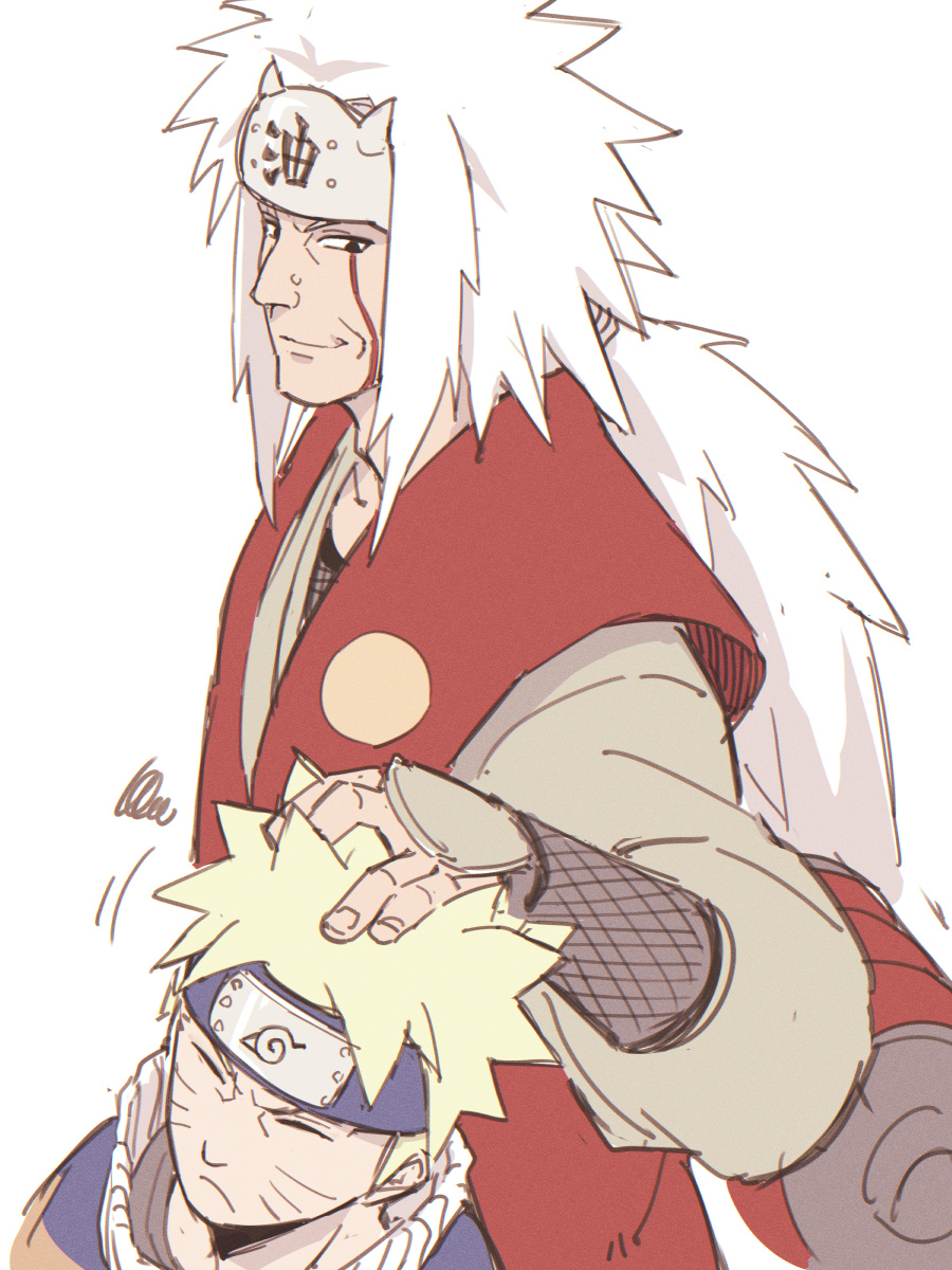 2boys asutora blonde_hair closed_eyes commentary_request forehead_protector hand_on_another's_head highres japanese_clothes jiraiya_(naruto) konohagakure_symbol male_focus multiple_boys naruto naruto_(series) short_hair simple_background uzumaki_naruto white_background white_hair
