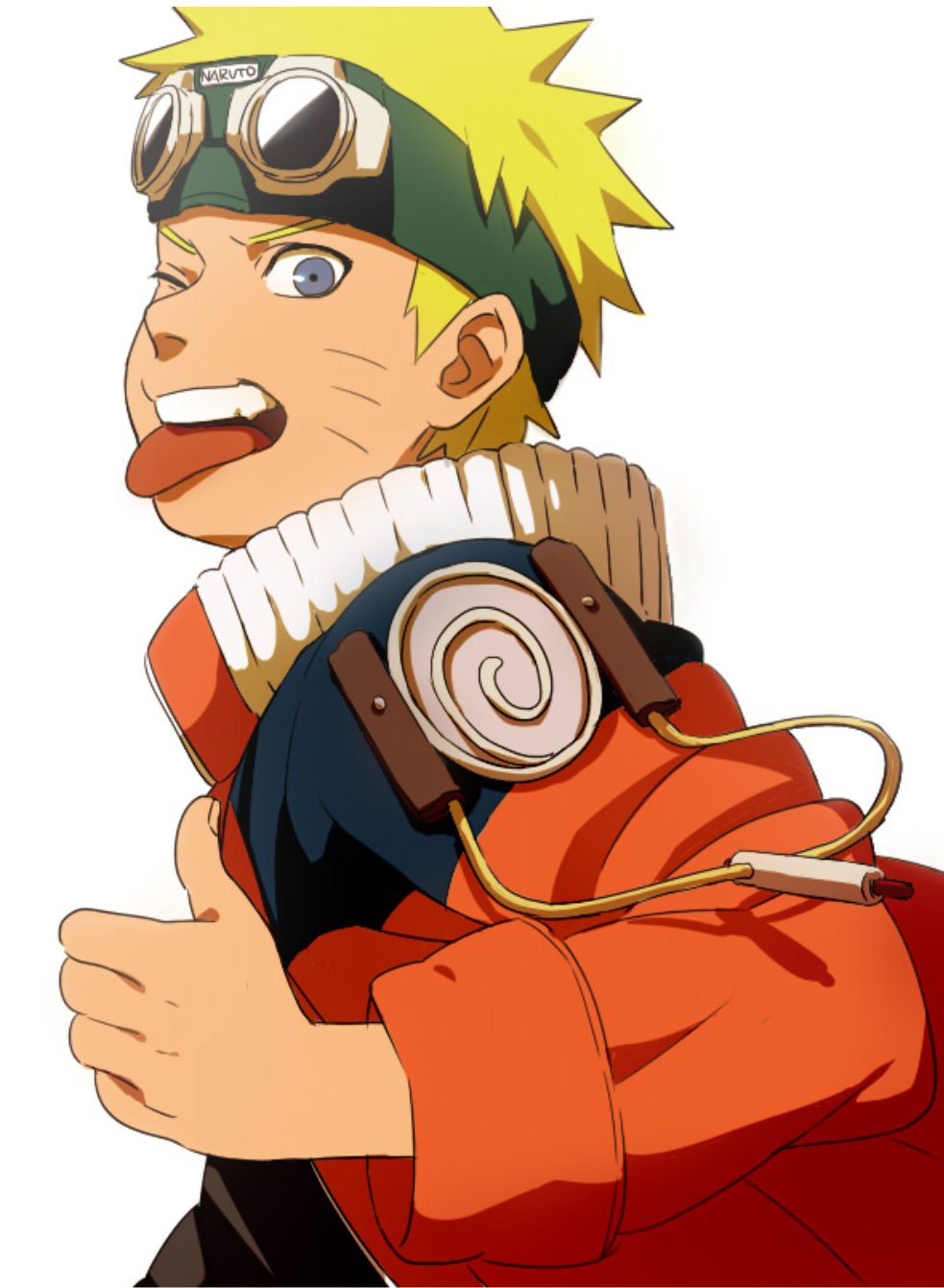 1boy blonde_hair blue_eyes commentary_request cowboy_shot goggles goggles_on_head highres looking_at_viewer male_child male_focus mannmaruu naruto naruto_(series) one_eye_closed simple_background solo teeth thumbs_up tongue tongue_out upper_body upper_teeth_only uzumaki_naruto white_background
