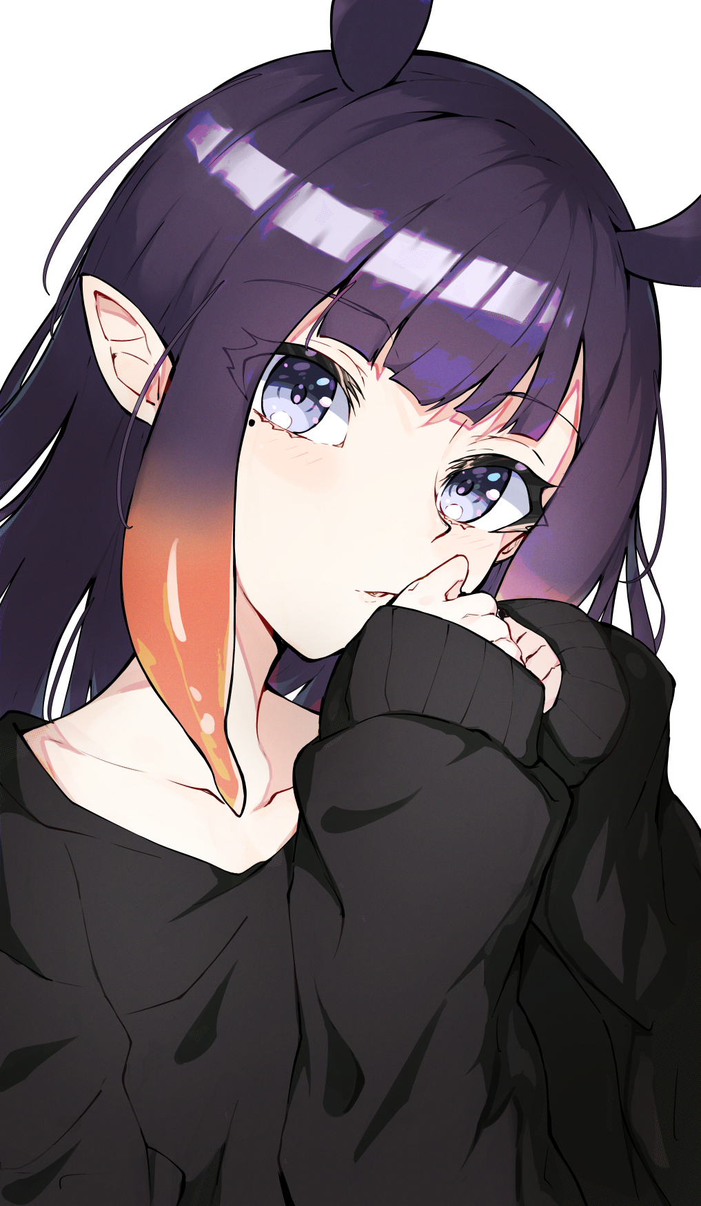 1girl black_hood black_hoodie blue_eyes blunt_bangs center-flap_bangs gradient_hair highres hololive hololive_english hood hoodie long_hair long_sleeves looking_at_viewer mole mole_under_eye multicolored_hair ninomae_ina'nis orange_hair pointy_ears purple_hair sak1_01 sidelocks sleeves_past_wrists solo tentacle_hair virtual_youtuber