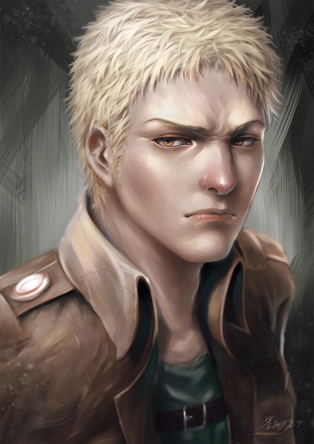 1boy blonde_hair brown_jacket closed_mouth collared_jacket commentary_request dated frown furrowed_brow green_shirt greenteaa grey_background jacket male_focus open_clothes open_jacket orange_eyes reiner_braun shingeki_no_kyojin shirt short_hair signature solo upper_body