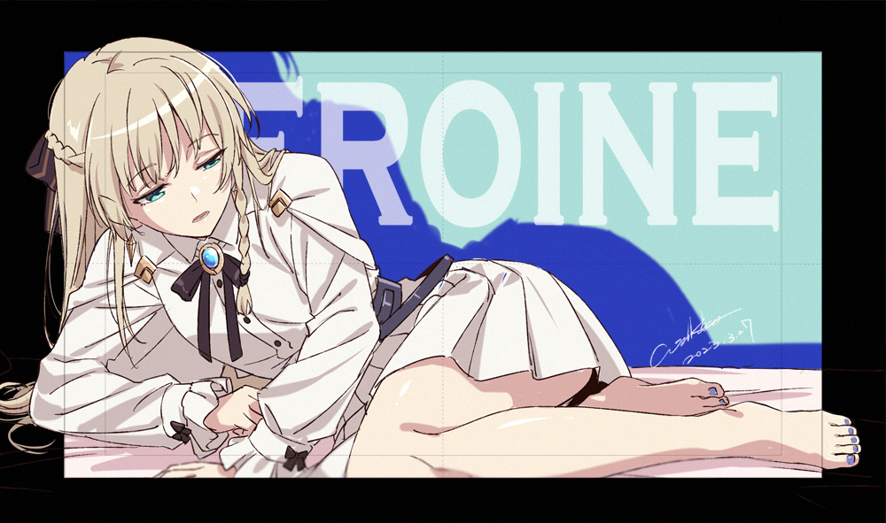 1girl barefoot black_necktie blonde_hair braid character_request copyright_request english_text green_eyes long_hair long_sleeves lying nail_polish necktie on_side shirt signature skirt solo werkbau white_shirt white_skirt