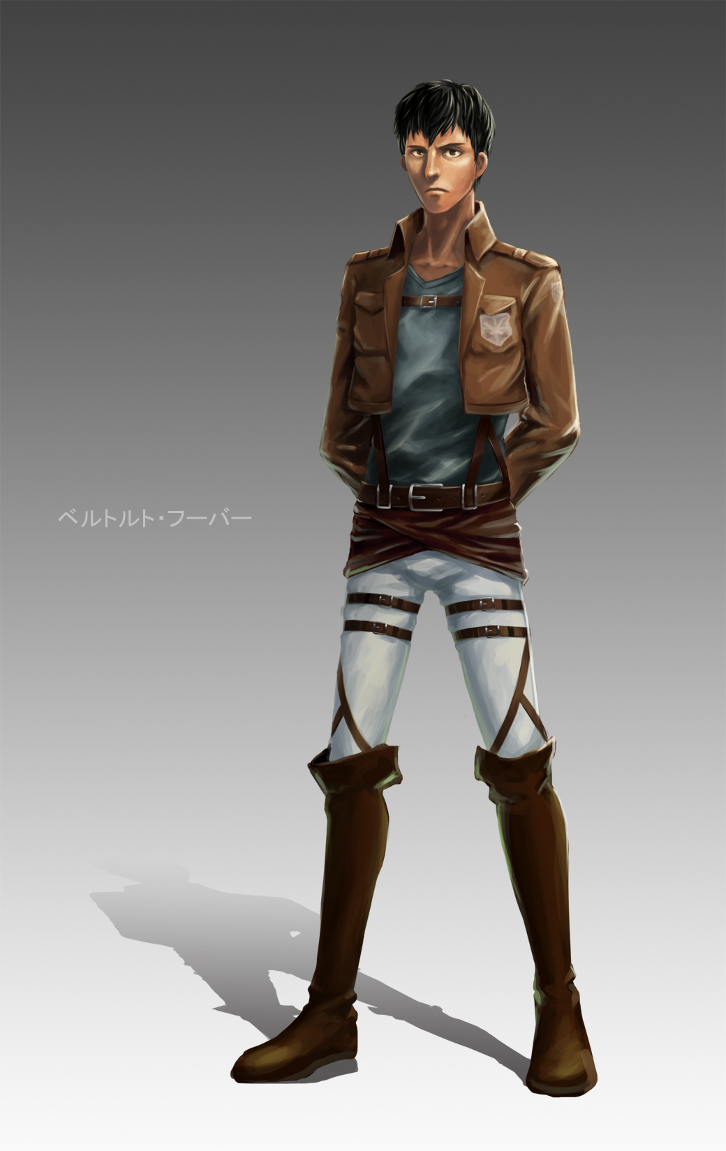 1boy arms_behind_back belt bertolt_hoover black_hair boots brown_belt brown_footwear brown_jacket character_name closed_mouth commentary_request cropped_jacket frown full_body greenteaa grey_background grey_pants grey_shirt highres jacket looking_at_viewer male_focus open_clothes open_jacket pants shingeki_no_kyojin shirt short_hair solo standing