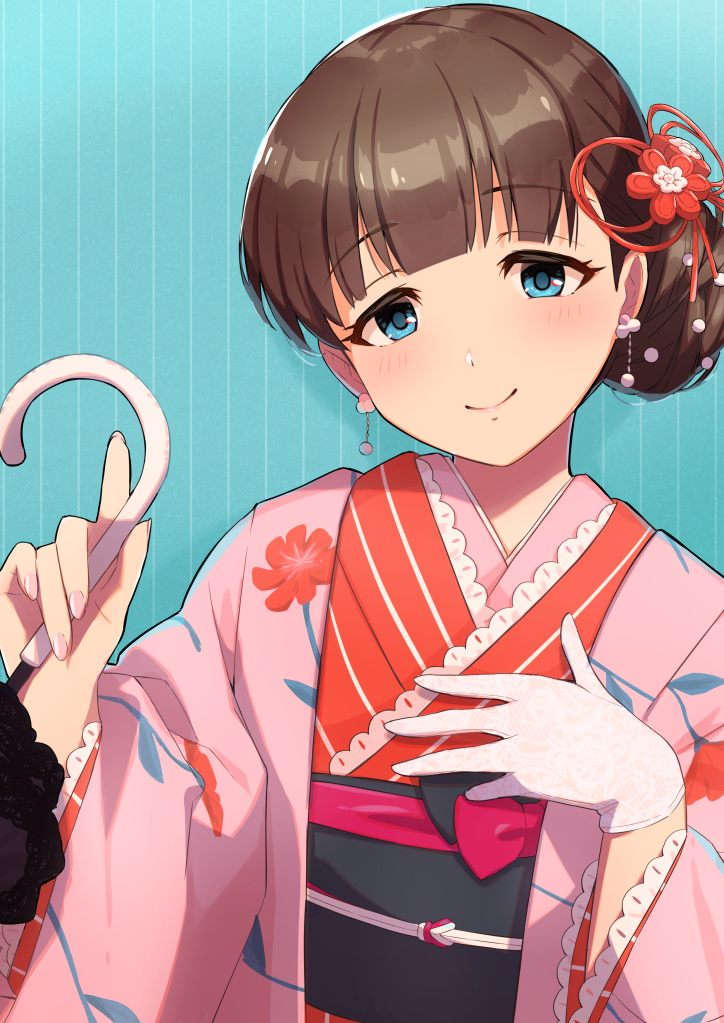 1girl blue_background blue_eyes blush breasts brown_hair closed_mouth dot_nose earrings floral_print gloves hair_ornament hand_on_own_chest haori holding holding_umbrella idolmaster idolmaster_cinderella_girls idolmaster_cinderella_girls_starlight_stage jacket japanese_clothes jewelry kanzashi kimono long_sleeves looking_at_viewer medium_breasts nonono_(1399900) obi obijime pink_jacket pink_nails red_kimono sakuma_mayu sash short_hair smile solo striped striped_background umbrella white_gloves wide_sleeves