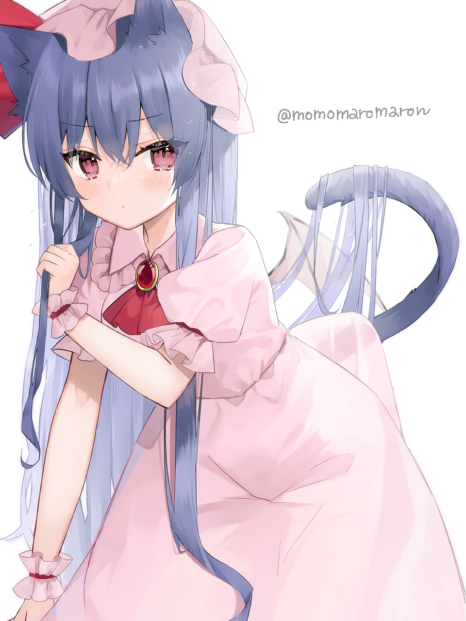 1girl alternate_hair_length alternate_hairstyle animal_ear_fluff animal_ears ascot blush brooch cat_ears cat_tail closed_mouth dress hair_between_eyes hat hat_ribbon highres jewelry long_hair mob_cap momomaron pink_dress pink_headwear purple_hair red_ascot red_eyes red_ribbon remilia_scarlet ribbon short_sleeves simple_background solo tail touhou white_background wrist_cuffs