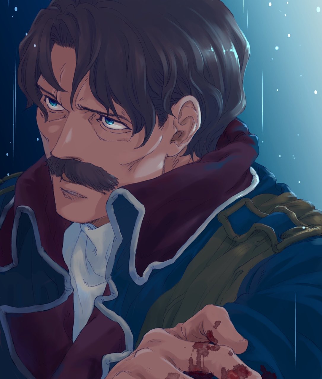 1boy ascot bags_under_eyes blood blood_on_hands blue_background blue_eyes blue_jacket brown_hair cheekbones close-up commentary facial_hair fushigi_no_umi_no_nadia gradient_background hand_on_own_arm highres holding_own_arm injury jacket light_particles long_sleeves looking_afar looking_ahead male_focus mikomoto_akira military military_uniform multicolored_clothes multicolored_jacket mustache portrait red_jacket solo uniform upper_body wavy_hair white_ascot yellow_jacket