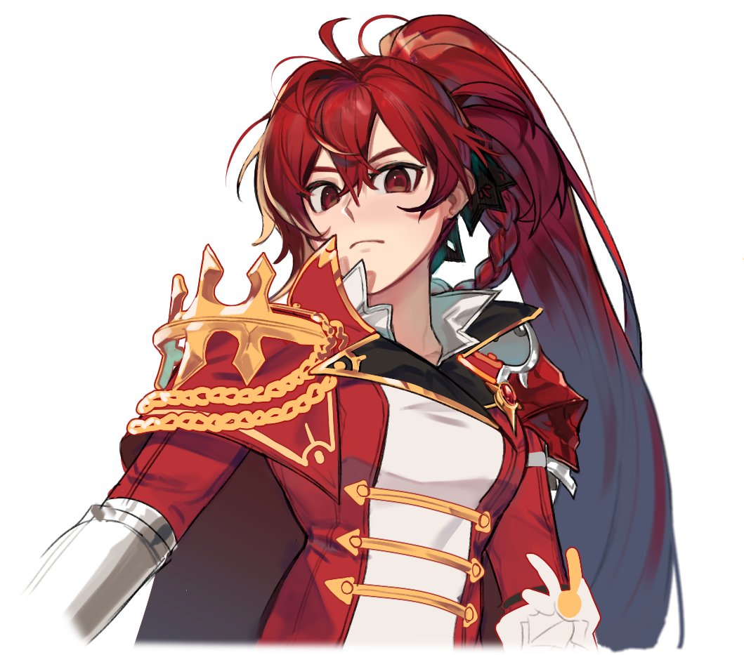 1girl ahoge braid breasts commentary elesis_(elsword) elsword empire_sword_(elsword) eus_ing hair_between_eyes long_hair looking_at_viewer medium_breasts ponytail red_eyes redhead simple_background solo symbol-only_commentary upper_body white_background