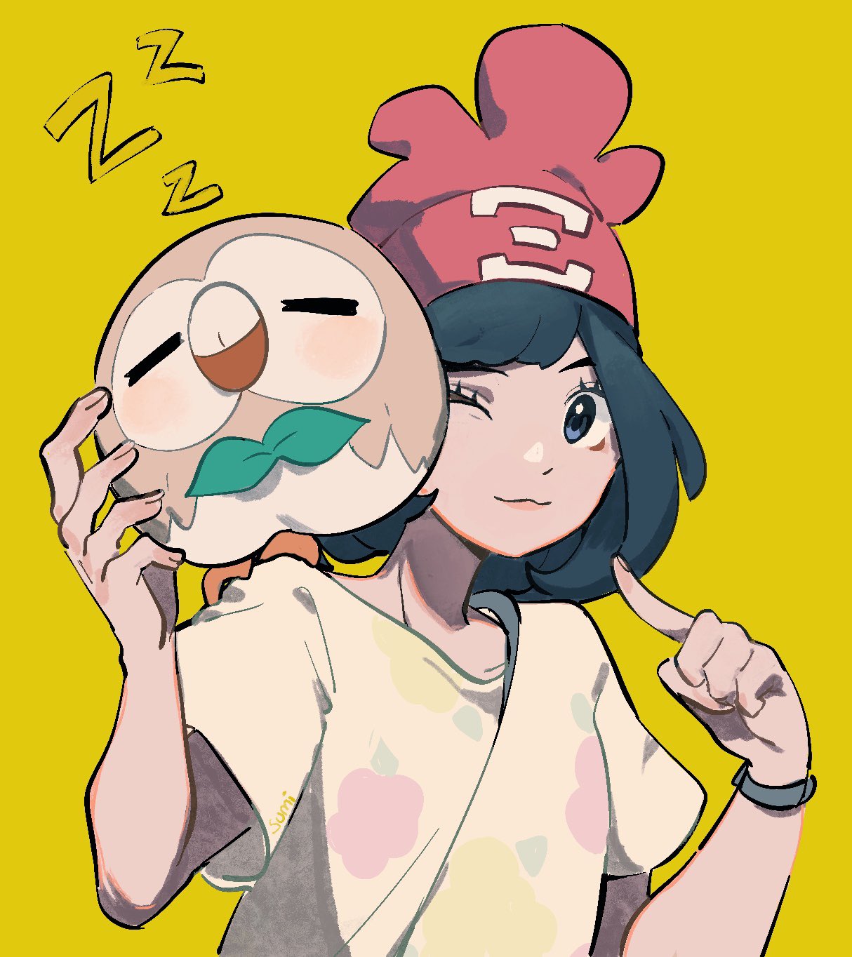 1girl ;) beanie black_hair closed_mouth commentary eyelashes floral_print grey_eyes hands_up hat highres mei_(manjunii) on_shoulder one_eye_closed pointing pokemon pokemon_(creature) pokemon_(game) pokemon_on_shoulder pokemon_sm rowlet selene_(pokemon) shirt short_sleeves smile tied_shirt upper_body yellow_background zzz