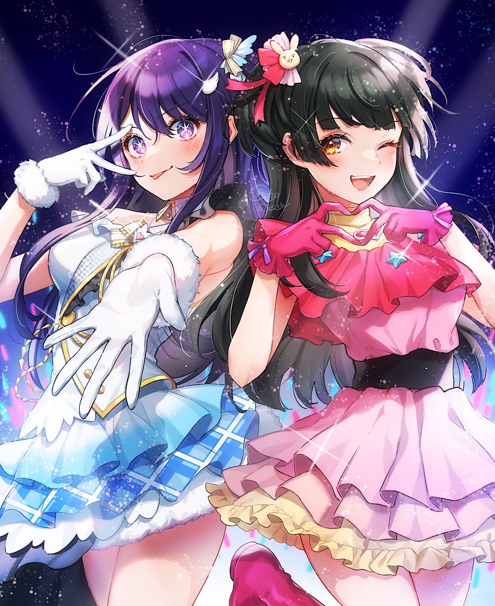2girls black_hair blunt_bangs brown_eyes cosplay costume_switch crossover detached_collar dress frilled_dress frills gloves hair_between_eyes hair_ornament heart heart_hands highres hoshino_ai_(oshi_no_ko) hoshino_ai_(oshi_no_ko)_(cosplay) idolmaster idolmaster_shiny_colors long_hair mayuzumi_fuyuko mayuzumi_fuyuko_(cosplay) multiple_girls one_side_up oshi_no_ko pink_dress purple_hair rabbit_hair_ornament red_gloves shinishi_chiho sidelocks sleeveless sleeveless_dress star-shaped_pupils star_(symbol) swept_bangs symbol-shaped_pupils two_side_up v_over_eye violet_eyes white_dress white_gloves