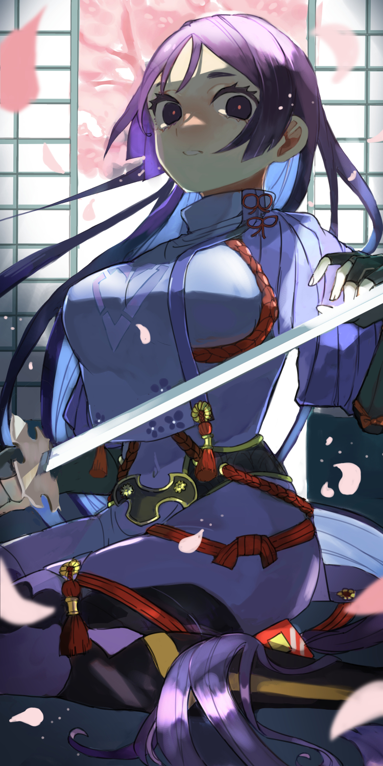 1girl architecture breasts cherry_blossoms east_asian_architecture fate/grand_order fate_(series) fingerless_gloves gauntlets gloves highres japanese_clothes katana kneeling loincloth long_hair looking_at_viewer minamoto_no_raikou_(fate) ookawa_(shiwahiwa) parted_bangs purple_hair shadow sword very_long_hair violet_eyes weapon