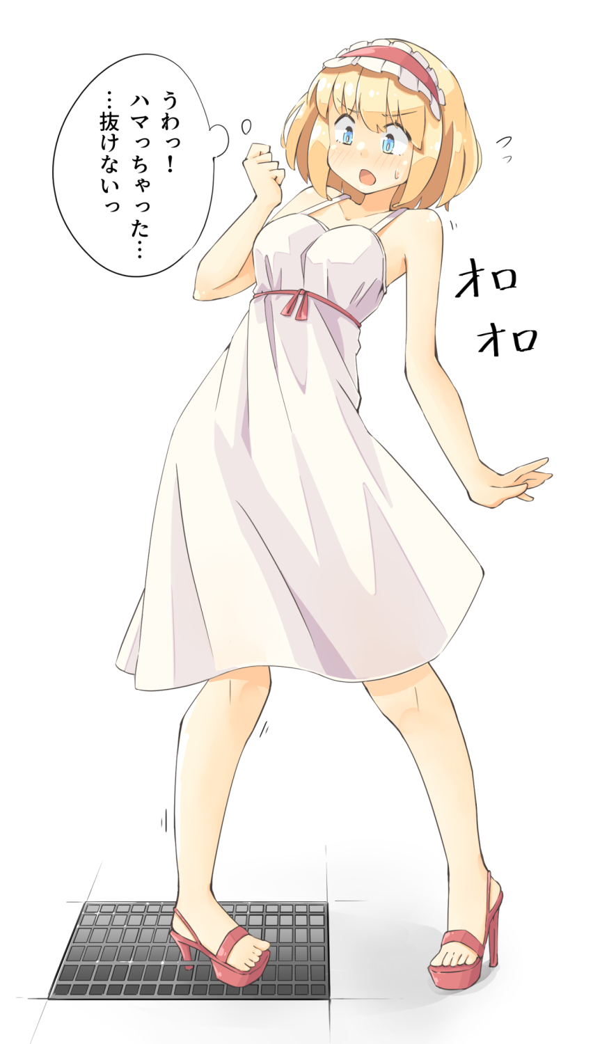 1girl alice_margatroid arnest blonde_hair blue_eyes blush collarbone dress hairband high_heels highres lolita_hairband open_mouth red_footwear red_hairband short_hair simple_background sleeveless sleeveless_dress solo thought_bubble touhou translation_request white_background white_dress