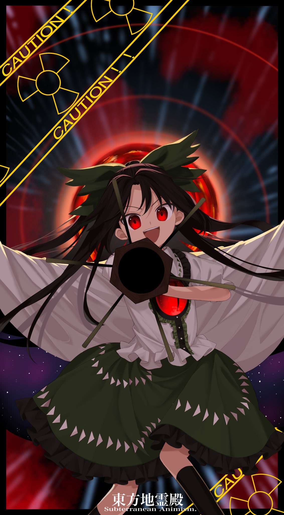 1girl :d aiming arm_cannon bird_wings black_border black_hair black_socks black_wings border bow buttons cape caution center_frills collared_shirt commentary_request control_rod feet_out_of_frame frilled_shirt_collar frilled_skirt frills green_bow green_skirt hair_bow highres keiki8296 long_hair looking_at_viewer medium_bangs open_mouth parted_bangs print_cape puffy_short_sleeves puffy_sleeves radiation_symbol red_eyes reiuji_utsuho shirt short_sleeves skirt smile socks solo starry_sky_print subterranean_animism sun teeth third_eye touhou upper_teeth_only weapon white_cape white_shirt wings