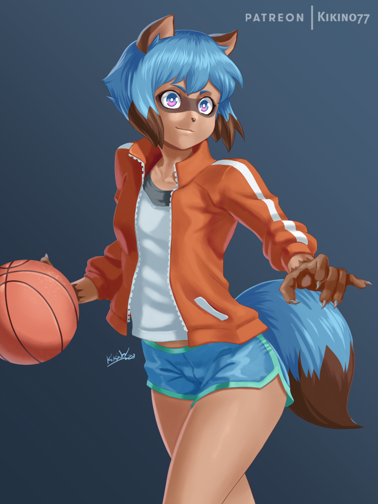 1girl animal_ear_fluff animal_ears artist_name ball basketball_(object) black_hair black_shirt blue_background blue_hair blue_shorts bob_cut brand_new_animal bright_pupils brown_fur claws closed_mouth collarbone cowboy_shot curled_fingers dark-skinned_female dark_skin dolphin_shorts dribbling_(basketball) english_commentary furry furry_female gradient_background green_eyes green_shorts jacket kagemori_michiru kikino layered_shirt light_smile looking_afar midriff_peek multicolored_hair open_clothes open_jacket outstretched_arm patreon_username pink_eyes popped_collar raccoon_ears raccoon_girl raccoon_nose raccoon_tail reaching reaching_towards_viewer red_jacket shirt short_eyebrows short_hair short_shorts shorts signature single_vertical_stripe solo t-shirt tail teenage thick_eyebrows tomboy track_jacket two-tone_eyes two-tone_hair two-tone_shorts white_pupils white_shirt young
