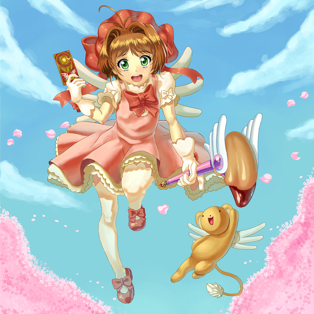 1girl :3 :d ahoge arm_up blouse blue_sky bow bowtie brown_hair card cardcaptor_sakura cherry_blossoms commentary dress english_commentary falling_petals flying footwear_bow frilled_gloves frilled_shirt frills full_body gloves green_eyes happy hat holding holding_card holding_wand huge_bow kero kikino kinomoto_sakura knees_up lion looking_at_viewer magical_girl mary_janes open_mouth pantyhose petals petticoat pinafore_dress pink_bow pink_bowtie pink_dress puffy_short_sleeves puffy_sleeves red_footwear red_headwear shirt shoes short_hair short_sleeves sky sleeveless sleeveless_dress smile solid_circle_eyes straight-on wand white_gloves white_pantyhose white_wings wide-eyed winged_wand wings