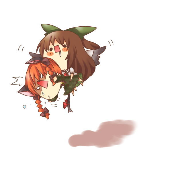 2girls animal_ears bell blush_stickers bow braid brown_hair cape cat_ears cat_tail chest_jewel chibi commentary_request dress drooling feathered_wings green_bow green_dress hair_bow hair_ribbon jingle_bell kaenbyou_rin multiple_girls redhead reiuji_utsuho ribbon shaded_face shadow simple_background tail touhou tress_ribbon twin_braids white_background wings yuya_(night_lily)