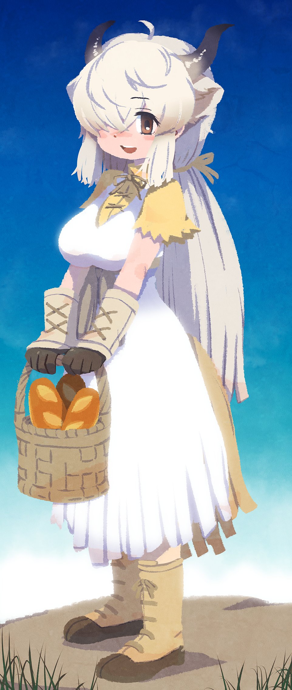 1girl basket blush boots bow bowtie bread brown_bow brown_bowtie brown_eyes brown_footwear brown_gloves dress extra_ears food frilled_dress frilled_sleeves frills gloves hair_over_one_eye high_collar highres kemono_friends ki94959437 long_hair looking_at_viewer ox_girl ox_horns ox_tail shirt sidelocks solo t-shirt twintails two-tone_footwear two-tone_gloves white_dress white_gloves white_hair yak_(kemono_friends) yellow_footwear yellow_shirt