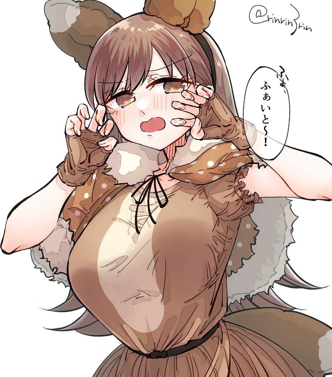 1girl alternate_costume animal_ears brown_capelet brown_dress brown_eyes brown_hair capelet commentary_request dress embarrassed fox_ears fox_tail fur-trimmed_capelet fur_trim highres kantai_collection long_hair looking_at_viewer matsunaga_(haku) one-hour_drawing_challenge ooi_(kancolle) simple_background solo tail upper_body white_background