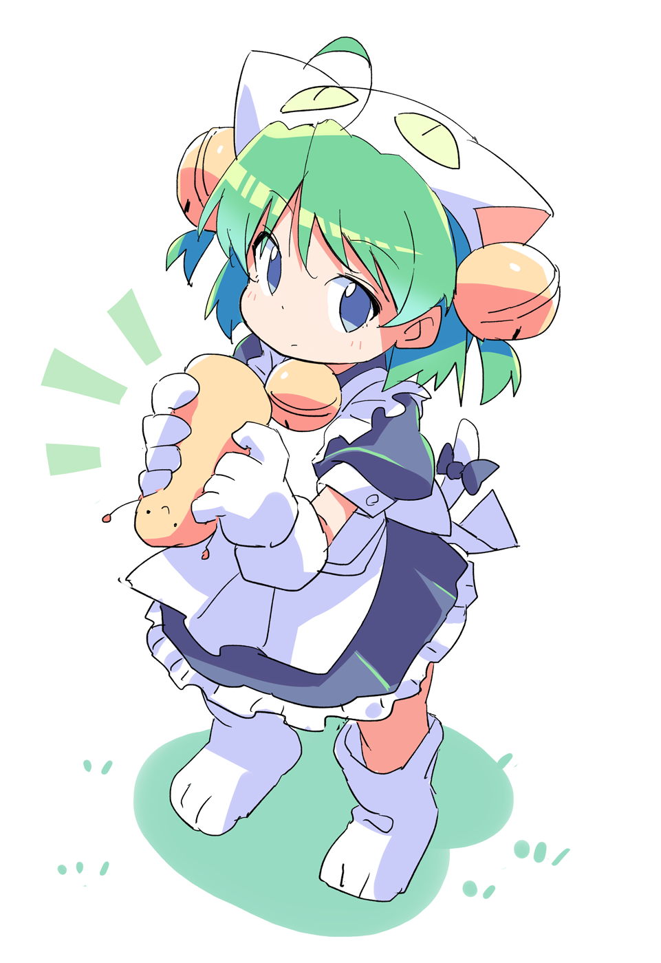 1girl ahoge animal_hands animal_hat apron bell bow cat_hat dejiko di_gi_charat gloves green_hair hair_bell hair_ornament hat highres holding jingle_bell maid_apron paw_gloves paw_shoes roku_no_hito short_hair solo tail tail_bow tail_ornament white_apron white_mittens white_tail