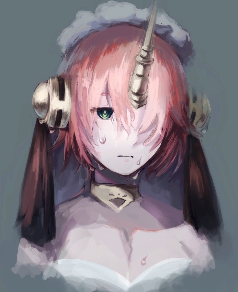 1girl blue_eyes crying fate/apocrypha fate_(series) faux_traditional_media frankenstein's_monster_(fate) grey_background hair_over_one_eye headgear horns mechanical_horns mushiao pink_hair sad short_hair single_horn solo tears veil