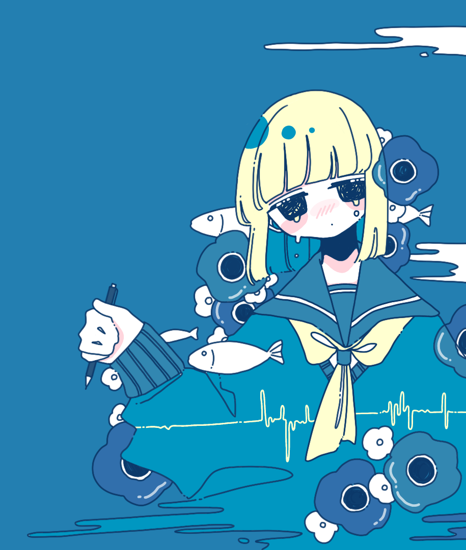 1girl anemone_(flower) black_eyes blonde_hair blue_background blue_flower blue_hair blue_sailor_collar blue_shirt blunt_bangs blush_stickers bob_cut colored_inner_hair crying crying_with_eyes_open fish flower head_tilt holding holding_pencil jitome long_sleeves looking_at_viewer mechanical_pencil multicolored_hair neckerchief no_pupils original pencil sailor_collar school_uniform serafuku shirt sidelocks simple_background sleeve_cuffs smoke solo sound_wave sskitaco tears upper_body yellow_neckerchief