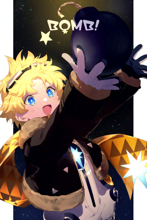 1boy blonde_hair bomb child commentary_request echo_(circa) english_text explosive fate/grand_order fate/requiem fate_(series) fur-trimmed_jacket fur_trim gloves goggles goggles_on_head jacket long_sleeves male_child male_focus open_clothes open_jacket open_mouth outside_border pillarboxed scarf short_hair smile solo spacesuit star_(sky) twitter_username voyager_(fate) voyager_(third_ascension)_(fate) white_gloves yellow_scarf