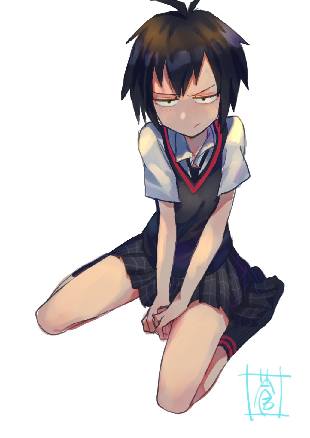 1girl angry antenna_hair artist_name between_legs black_hair black_necktie black_skirt black_socks black_sweater_vest blush breasts closed_mouth commentary constricted_pupils dress_shirt full_body glaring hand_between_legs highres light_blush light_frown looking_at_viewer marvel narrowed_eyes necktie no_shoes own_hands_together peni_parker plaid plaid_skirt pleated_skirt ribbed_socks sanpaku school_uniform shirt short_hair short_sleeves signature simple_background sitting skirt small_breasts smirk socks solo sou_(pale_1080) spider-man:_into_the_spider-verse spider-man_(series) staring sweater_vest v-shaped_eyebrows v_arms very_short_hair wariza white_background white_shirt