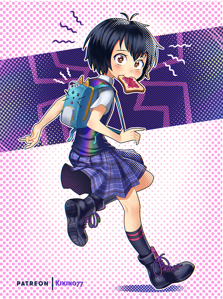 1girl adjusting_strap antenna_hair arm_behind_back artist_name backpack bag black_footwear black_hair black_socks black_sweater_vest blue_bag blue_skirt blush bob_cut boots bright_pupils brown_eyes bug commentary dress_shirt english_commentary food food_in_mouth from_side full_body gradient_background halftone halftone_background halftone_texture holding_strap jam kikino looking_at_viewer looking_back looking_to_the_side marvel mouth_hold notice_lines patreon_username peni_parker plaid plaid_skirt pleated_skirt purple_background running school_uniform shadow shirt short_hair short_sleeves skirt smile socks solo spider spider-man:_into_the_spider-verse spider-man_(series) sweater_vest toast toast_in_mouth white_background white_pupils white_shirt