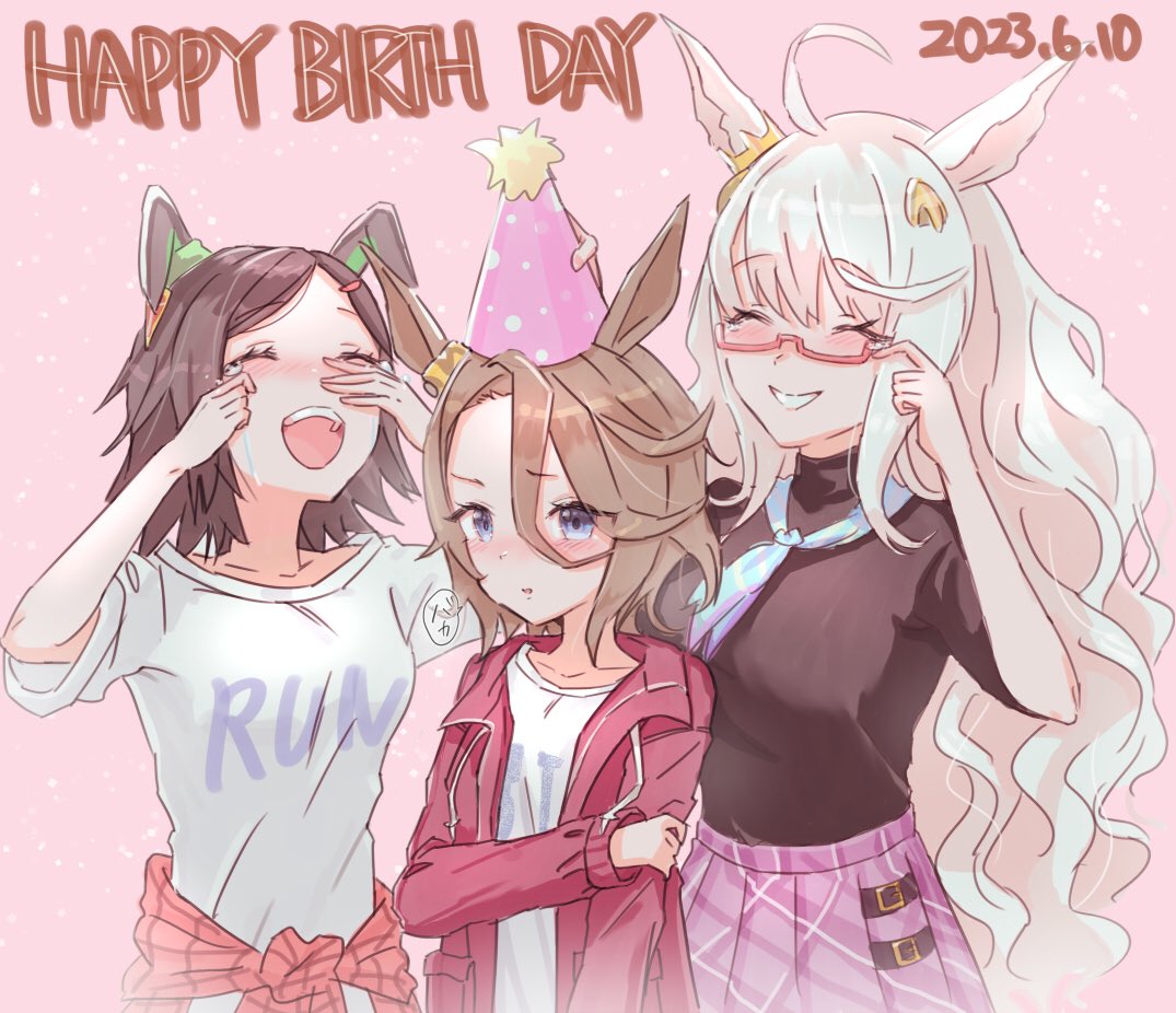 3girls animal_ears birthday biwa_hayahide_(umamusume) black_hair black_shirt blue_eyes blue_necktie blush bnw_(umamusume) brown_hair casual clothes_around_waist crying dated ear_ornament hair_between_eyes happy_birthday hat hawawa_(hawawauma) horse_ears horse_girl jacket long_hair long_sleeves multiple_girls narita_taishin_(umamusume) necktie party_hat pink_skirt pleated_skirt red_jacket shirt shirt_around_waist short_hair skirt umamusume very_long_hair wavy_hair white_hair white_shirt winning_ticket_(umamusume)