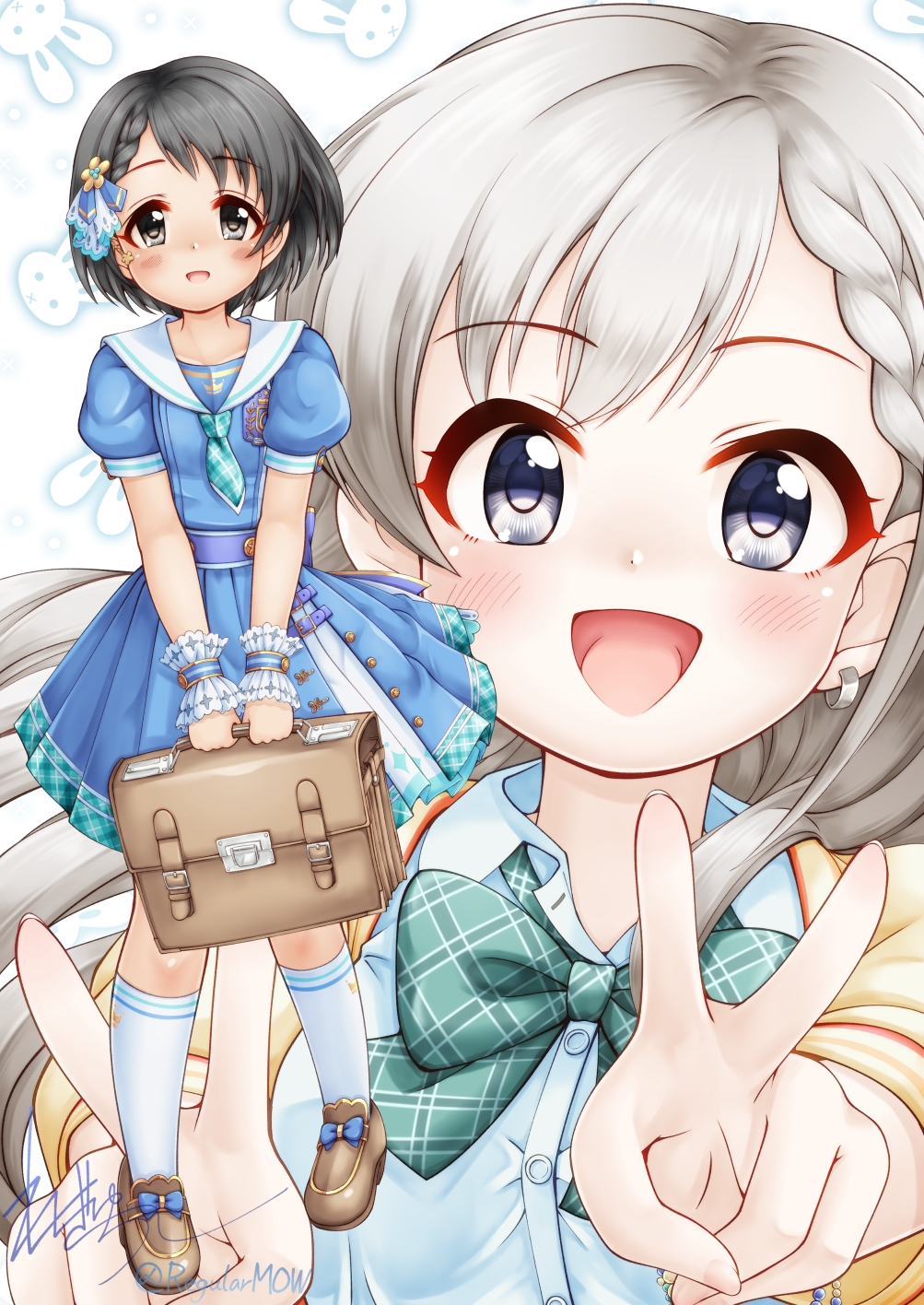 2girls :d black_hair blue_dress blush bow braid braided_bangs brown_footwear collared_shirt commentary_request double_v dress dress_shirt earrings floating_hair green_bow grey_eyes grey_hair highres hisakawa_hayate holding idolmaster idolmaster_cinderella_girls idolmaster_cinderella_girls_starlight_stage jacket jewelry loafers long_hair multiple_girls open_clothes open_jacket outstretched_arms plaid plaid_bow plaid_dress pleated_dress puffy_short_sleeves puffy_sleeves rabbit_background regular_mow sailor_collar sailor_dress sasaki_chie school_briefcase shirt shoes short_hair short_sleeves signature simple_background smile socks twitter_username v very_long_hair white_background white_sailor_collar white_shirt white_socks wrist_cuffs yellow_jacket